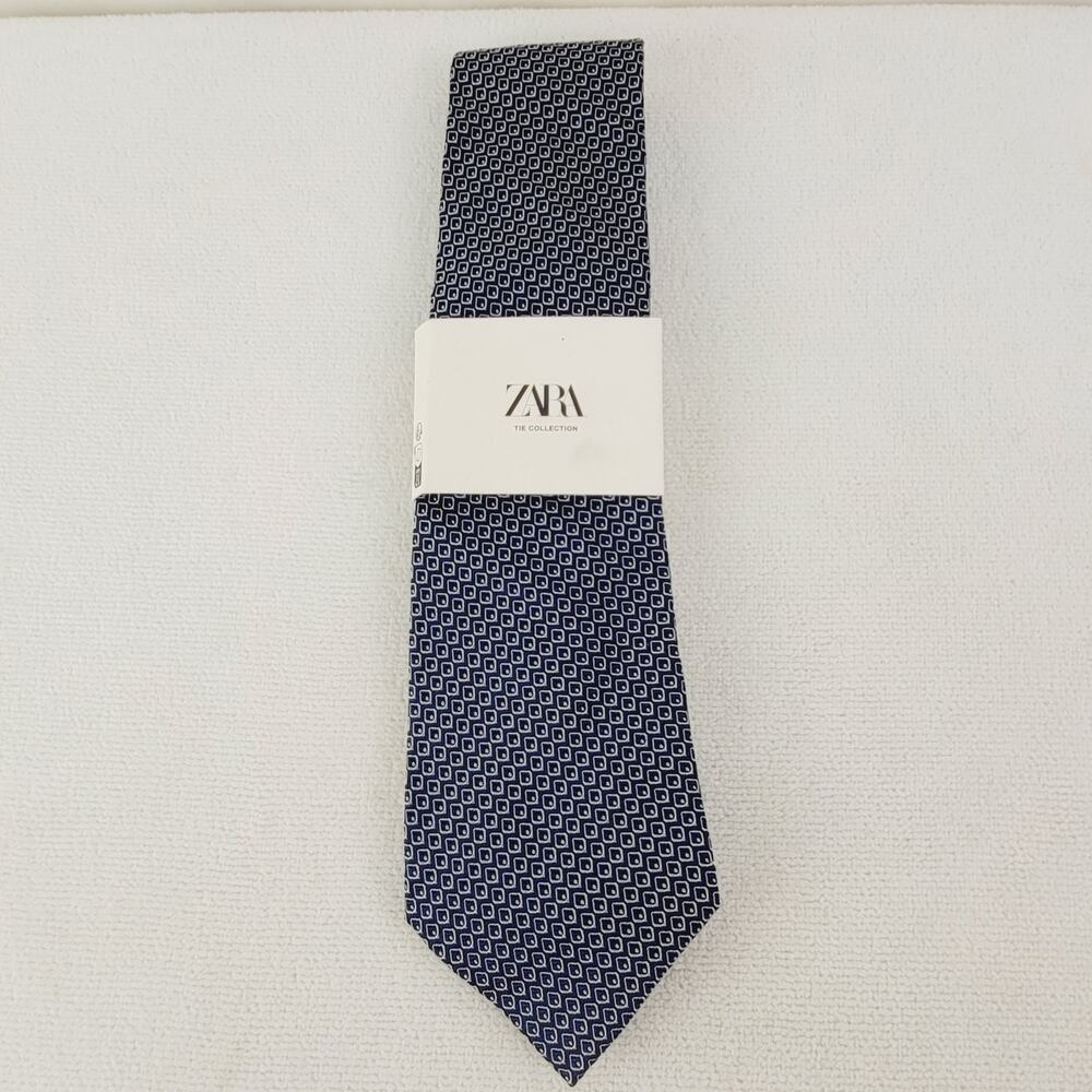 New Zara Navy blue Silk tie mens Career Office Luxe